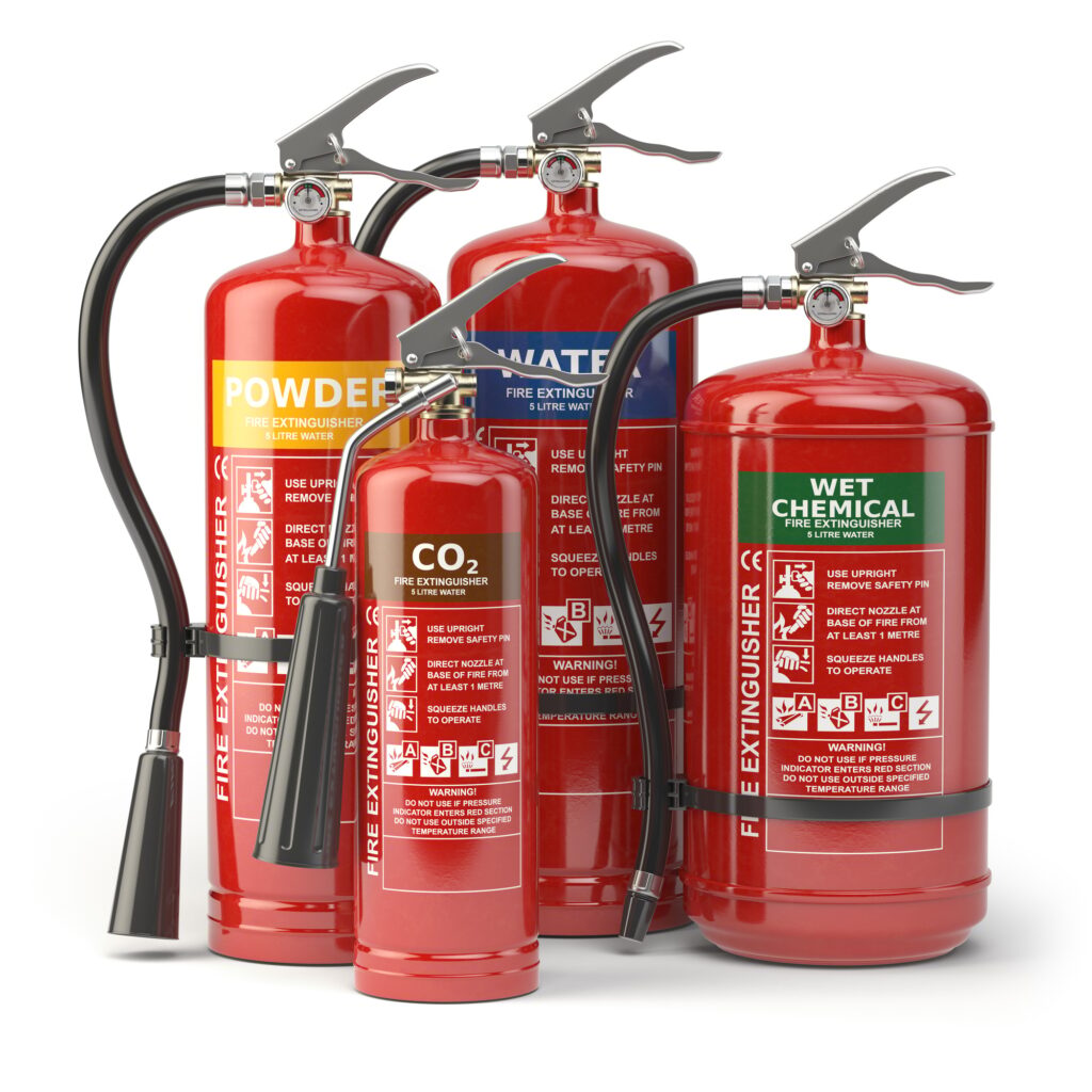 Fire extinguishers isolated on white background. Various types o